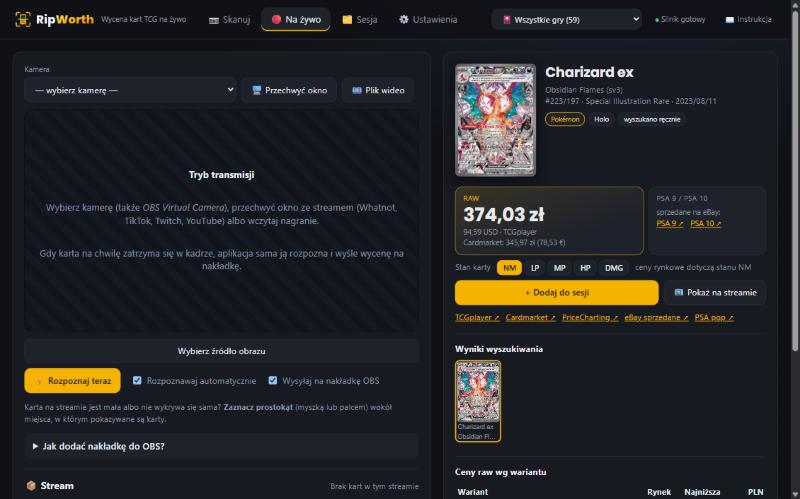Tryb na żywo w aplikacji RipWorth: obraz z kamery lub streamu i wynik z ceną